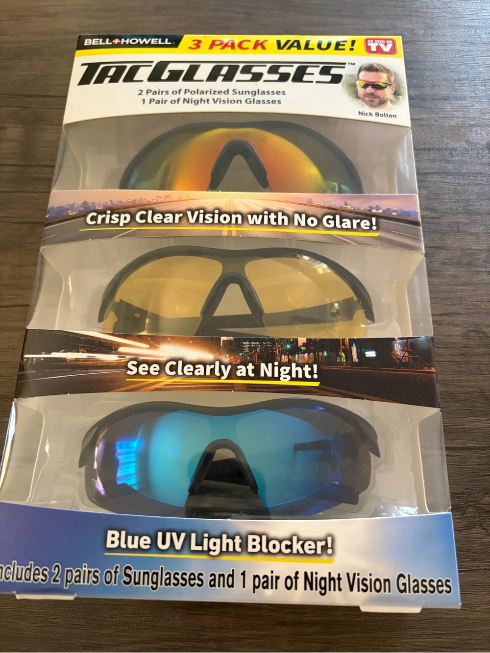 Bell + Howell TacGlasses 3-Pack Sunglasses & Night Vision - Yellow, Blue, Amber
